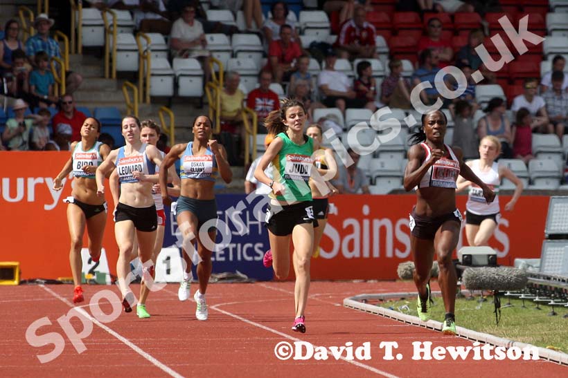 Marilyn Okoro winning the 800 metres from Jessica Judd at the Sainsbury's British Championships, Birmingham.